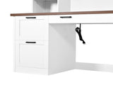Farmhouse Arched Computer Desk with Hutch, Mid-Century Walnut Home Office Workstation with Charging 49828555