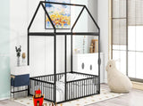Full Size Metal Bed House Bed Frame with Fence, for Kids, Teens, Girls, Boys,Black MF304787AAB