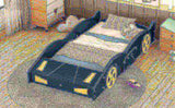 Twin Size Race Car-Shaped Platform Bed with Wheels and Storage, Dark BlueYellow WF305759AAC