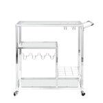 ZUN Contemporary Chrome Bar Serving Cart Silver Modern Glass Metal Frame Wine Storage 43465421