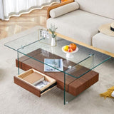 ZUN 43.3 Inch Modern Two-Tier Coffee Table - Clear Tempered Glass and Dark Wood Grain, Multifunctional W1151P232626