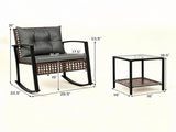 3-Piece Outdoor PE Rattan Rocking Chair Conversation Set with 2-Tier Glass Coffee Table, Heavy Duty 79877072