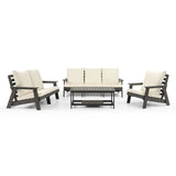 HIPS Loveseat with Cushion, Wood Grain Outdoor Garden Sofa, Sofa Set for Porch, Poolside, Terrace, W1209114909