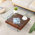 ZUN 31.4 Inch Modern Two-Tier Square Coffee Table - An Elegant Combination of Clear Glass and Dark Wood W1151P232655