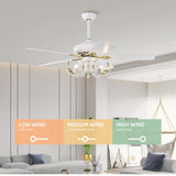 ZUN 52" Crystal Ceiling Fan with 5 Reversible Blades Light Kit and Remote Control, 3-Speed - Matte White W1592P152577