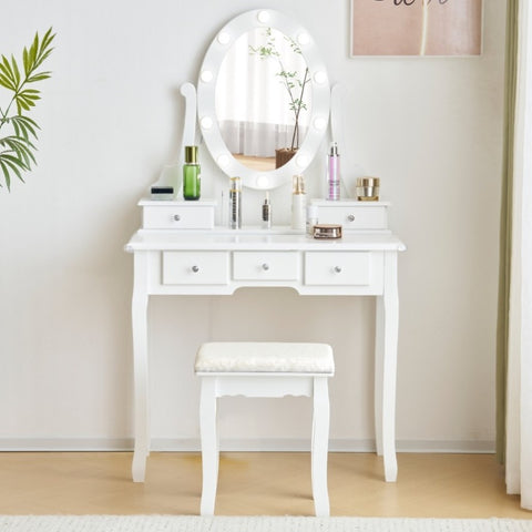 ZUN FCH Vanity Set with 3-Color Dimmable Lighted Mirror, Makeup Dressing Table with Power Outlet, 08049792