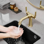 ZUN Industrial Pipe-Style Bathroom Faucet Brushed Gold 2-Handle Vanity Mixer Tap Pop-Up Drain Included W1920P254920