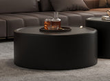 Black Round Coffee Table with Tempered Glass Top, PU Leather Body & Hidden Storage for Living Room, W3081P442392