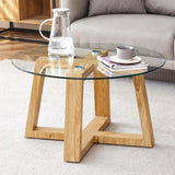 Modern practical circular coffee tables. Made of transparent tempered glass tabletop and wood W1151P146796