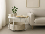 Round End Table with Storage Basket, Accent Table for Reading Nook, White 87879477