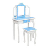 Children's Wooden Dressing Table Three-Sided Folding Mirror Dressing Table Chair Single Drawer Blue 02718254