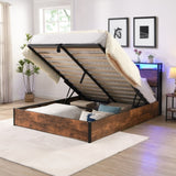 ZUN Lift-up Storage Bed Frame, Queen Size Bed Frame with Bookcase Headboard & LED Lights, Wooden W1916P184705