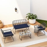 4-piece wicker patio furniture set with tempered glass table, detachable blue cushion cover for easy W2071P291321