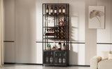 ZUN 82.7" Industrial Standing Wine Rack with Glass Rack Tall Freestanding Floor Bar Cabinet WF325111AAB