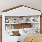 Twin Size House-Shaped Wooden Bed with Storage Shelf on the Headboard, Built-in Two Storage Drawers, N733P187490D