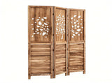 3 Panel Paulownia Wood Folding Room Divider, Tree Leaf Cutout Top & Louvered Lower Panel 43494743