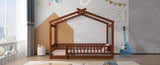 Twin Size Wood Bed House Bed Frame with Fence, for Kids, Teens, Girls, Boys, Walnut WF302176AAL