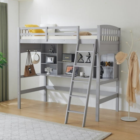 ZUN Loft bed with shelf with desk inclined ladder gray twin wooden bed pine particle board 64810433