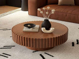 Round Coffee Table Handcrafted Relief Sturdy Pedestal Wooden Olive-Shaped Tea Table for Living Room W3081P255076