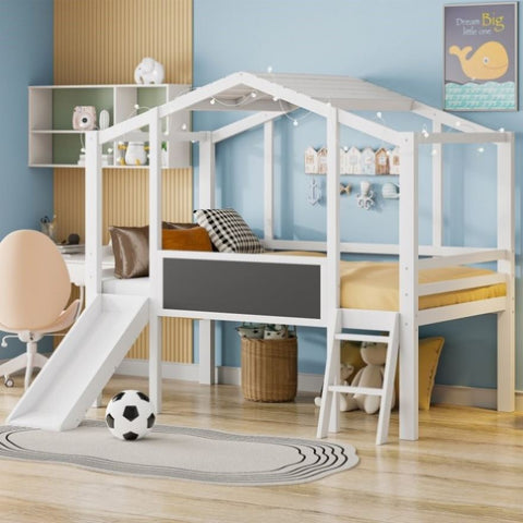 ZUN Twin Size Loft Bed with Ladder and Slide, House Bed with Blackboard and Light Strip on the Roof, WF324323AAK