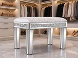 Silver MDF Velvet Upholstered Dressing Stool with Mirror Inlay & Rhinestones on Four Sides, Modern 58685845