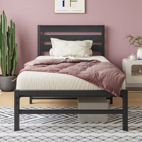 ZUN Twin Size Platform Bed Frame with Rustic Vintage Wood Headboard, No Box Spring Needed Black W840P164954