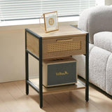 15.74" Rattan End table with drawer, Modern nightstand, metal legs,side table for living room, W1265121744