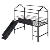 Metal House Bed With Slide, Twin Size Metal Loft Bed with Two-sided writable Wooden Board MF294384AAB
