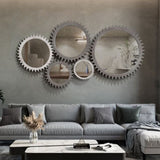 ZUN Vintage 26'' x 26'' Wall Wood Round Hanging Gear Shape Heavy Decorative Mirror For Bathroom Living W1445P171992