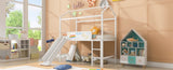 Metal House Bed With Slide, Twin Size Metal Loft Bed with Two-sided writable Wooden Board MF294384AAK