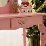 ZUN Kids Vanity Table and Chair Set, Girls Vanity with Mirror & Stool, Cute Unicorn Design, Pretend Play 34860797