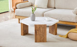 31-inch white marble-textured pentagonal coffee table - wooden triangular base, with a load-bearing W2920P294340