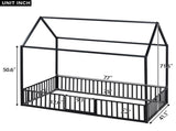 Twin Size Metal House Bed with Fence and Door, Black MF315932AAB