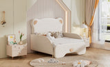 Twin XL Size Upholstered Stretchable Vaulted Sofa Bed, Bear Shaped Headboard, Beige N709P182128A