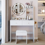 17" Round LED Mirror Vanity TableCushioned Stool, Equipped With 2 AC2 USB Power Socket, Big W3258P311343