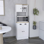 ZUN Kitchen Pantry 67" H, Two Cabinets, Three Doors, Two Open Shelves, One Drawer, Microwave Storage B097133171