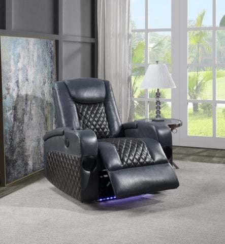 ZUN ACME Alair Power Motion Recliner w/Bluetooth Speaker & Cooling Cup Holder, Blue & Black Leather Aire LV02459