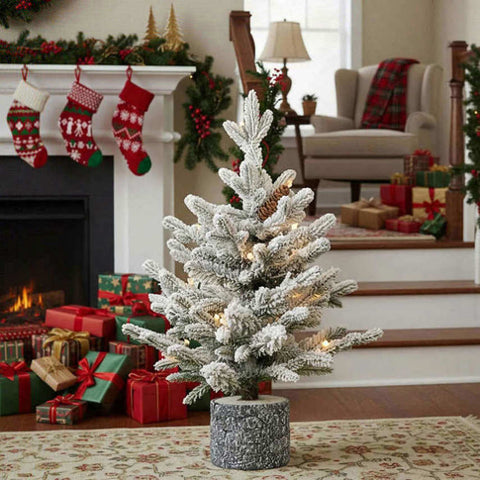 2FT Flocked Christmas Tree with Pot Base 189 Tips 30 Warm White LED Lights PEPVC Artificial Plant 71968326
