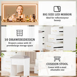 46"Glass Top Vanity Desk with 10 Drawers Makeup Vanity with Mirror and Stool,3 Lighting Modes 50282306