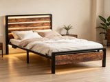 Twin Size Metal Bed Frame, 3-Panel Fire Burnt Brown Wood Grain Headboard with LED Light & Charging 06892471