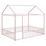 ZUN Full Size Metal Bed House Bed Frame with Fence, for Kids, Teens, Girls, Boys,Pink MF304787AAH