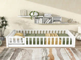 Full Size Floor Bed with Fence and Door,Rubber Wood Floor Bed with Safety Guardrails,White W504P296786