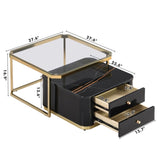 ZUN Modern 2 Pieces Black Square Nesting Coffee Table with Drawers & Electroplated gold legs in 27.6'' 91573413