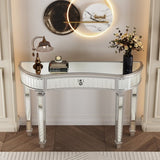 47" Half-Moon Mirrored Console Table with Fluted Glass & Crystal Knob Drawer - Silver Entryway W1445P322849
