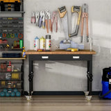 ZUN 47" Garage Work Bench with Drawer and Wheels, Height Adjustable Legs, Bamboo Tabletop Workstation 15187669