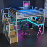 Full Size Metal Loft Bed with Built-in Work Station, Wardrobe, Storage Staircase and LED, White 78792217