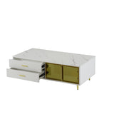 Modern White Coffee Table with 2 Glass Door Storage, 4 Drawers, Gold Metal Legs, and Multi-Color N735P167909