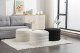 007-Velvet Fabric Storage Round Ottoman Footstool With Wooden Shelving,Ivory W527121976