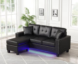 Sorenza 74"W Black PVC Reversible Sectional Sofa Chaise with LED Light, USB Port, Nailhead Trim, B061P284876