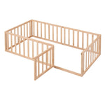 ZUN Twin Size Wood Floor Bed Frame with Fence and Door, Natural 69307729